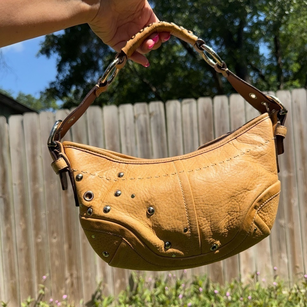 $155 firm Coach  Studded Crescent Camel  Demi Hobo Bag Big Buckle Strap F10931 - Picture 3 of 17